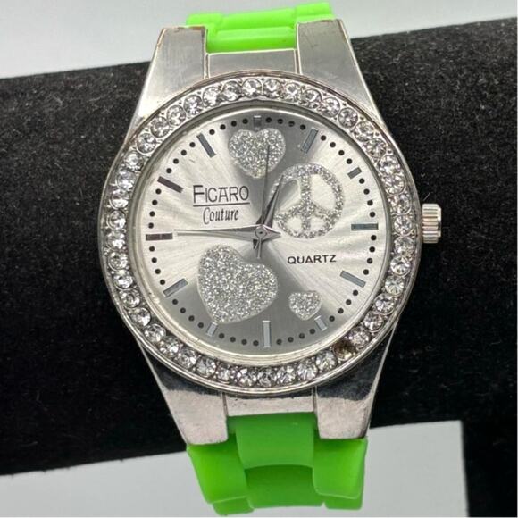 Silver & Green Figaro Heart Watch - Picture 1 of 5